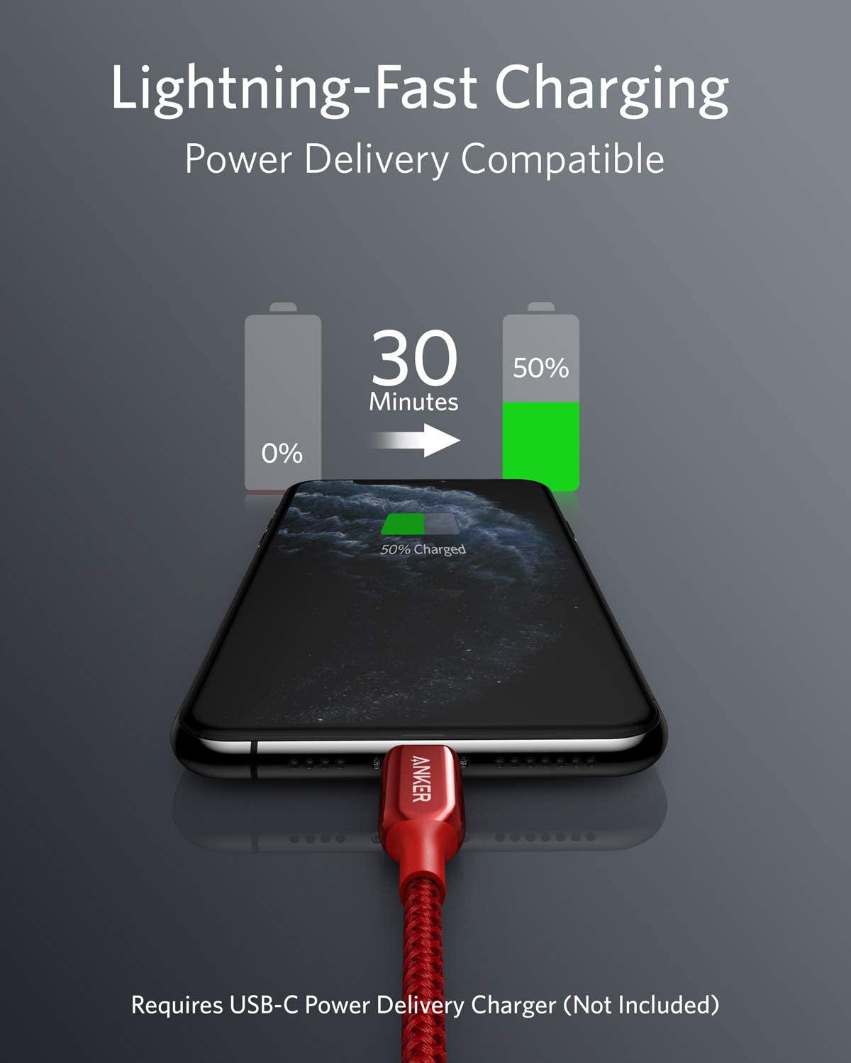 PowerLine+ III USB-C cable with Lightning conector 6ft Rojo - Imagen 4