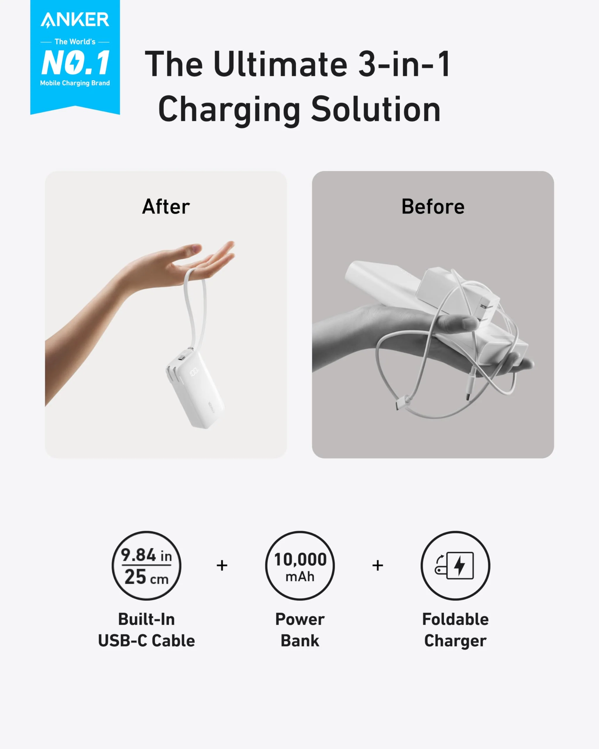 Power Bank (10,000mAh, Fusion, Built-In USB-C Cable) Negro - Imagen 6