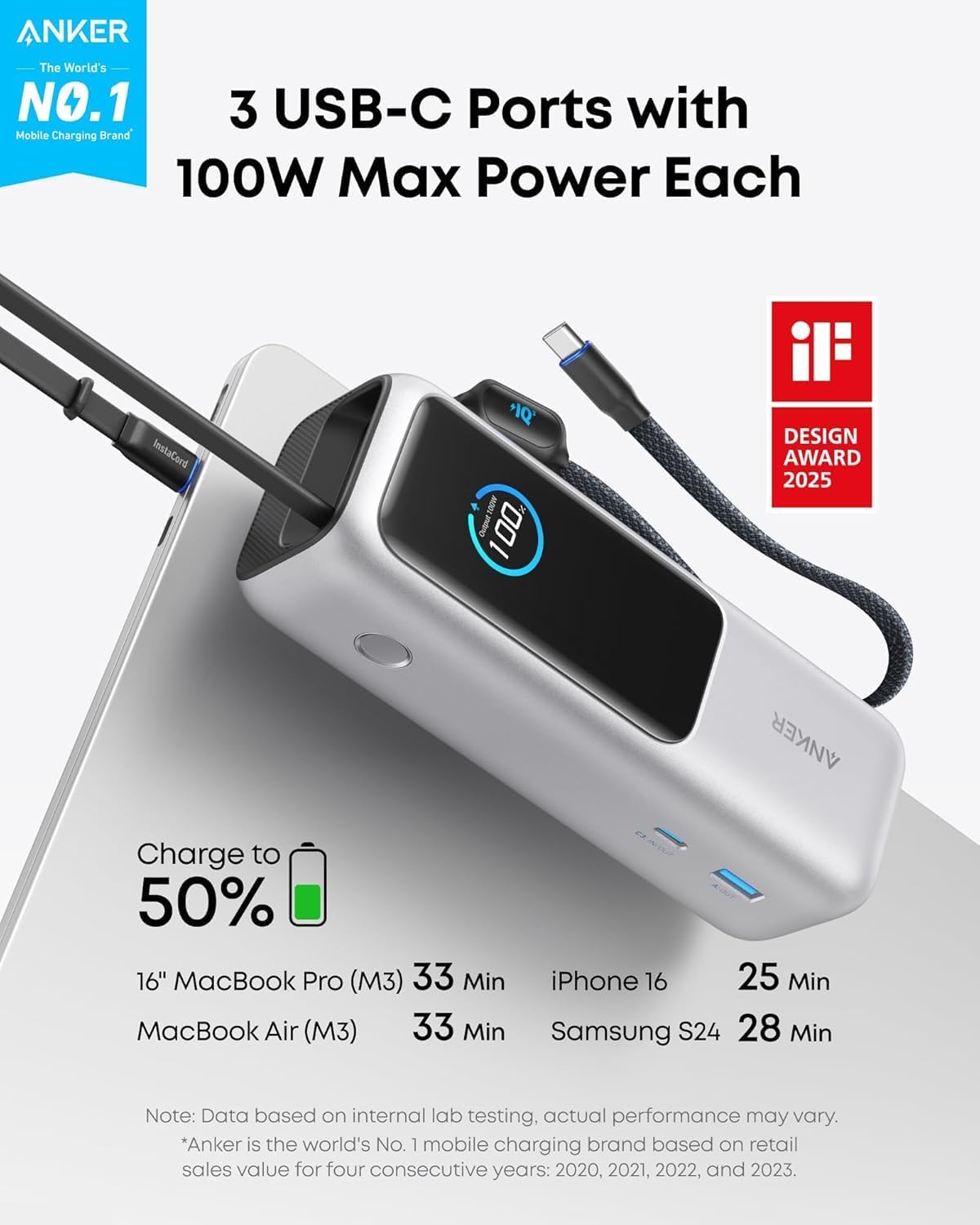 Anker 25K, 165W, Built-In USB-C and Retractable CABLE GRIS - Imagen 2