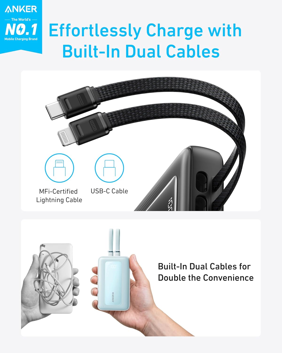 Anker Power Bank (10K,30W, Built-In USB-C+Lightning Cable) Negro - Imagen 2