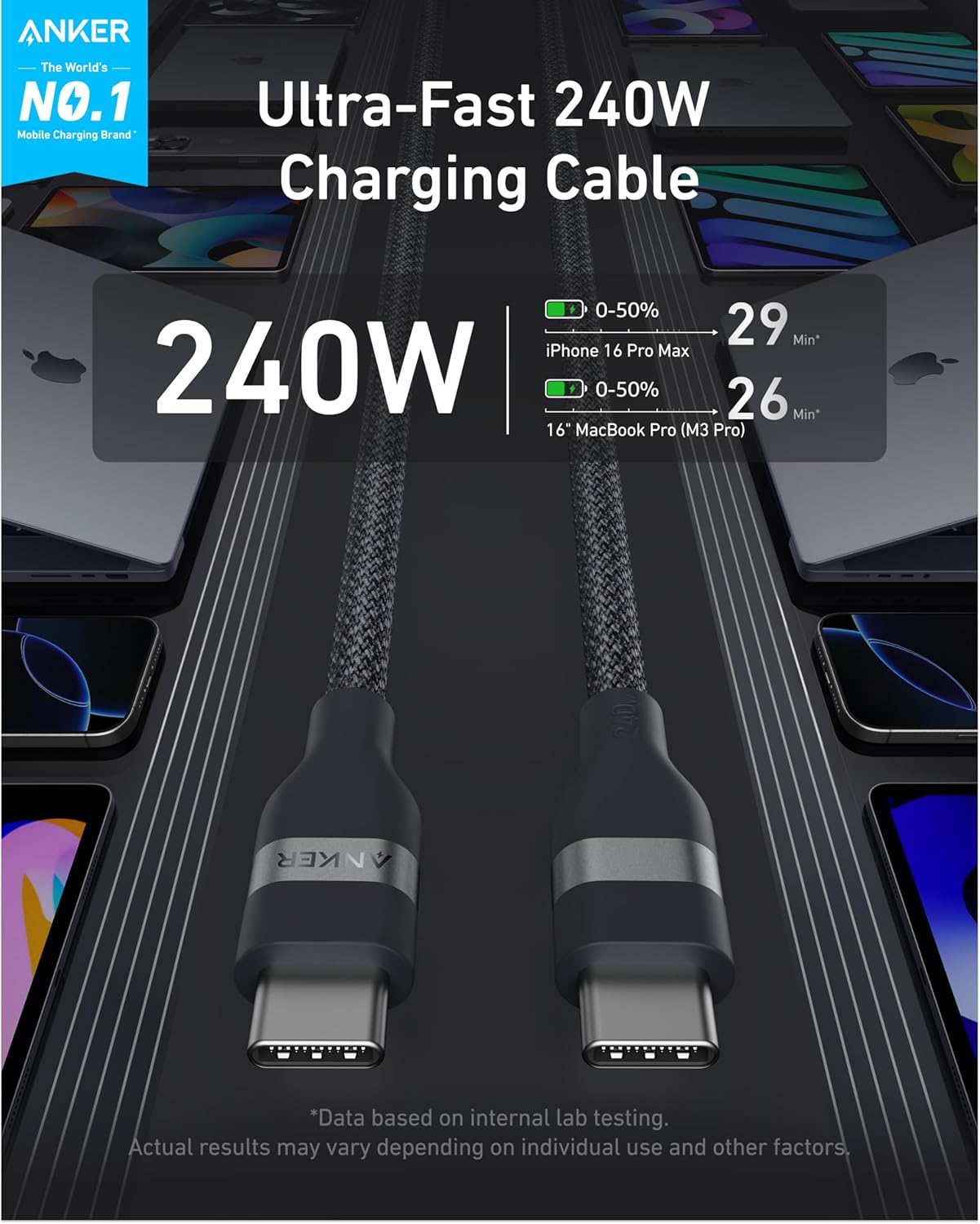 Anker USB-C to USB-C Cable (6 ft, 240W Upcycled-Braided) Negro - Imagen 2