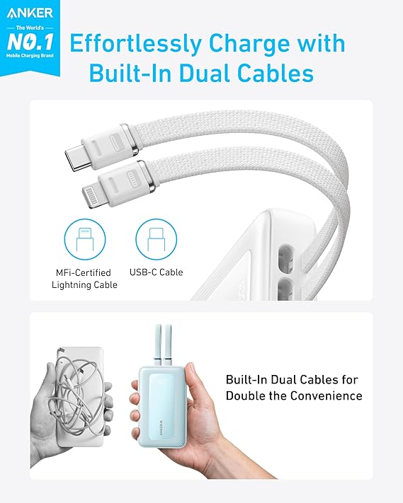 Anker Power Bank (20K,30W, Built-In USB-C+Lightning Cable) Blanco - Imagen 2