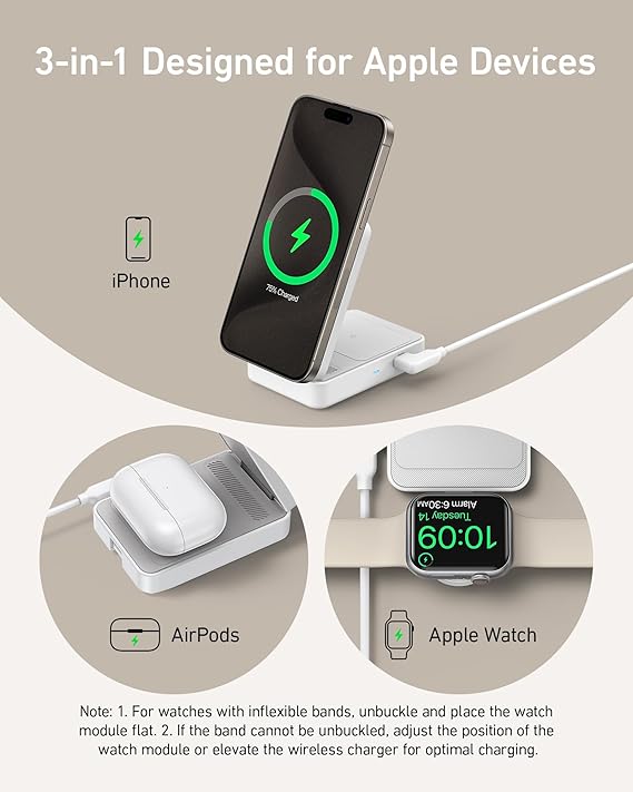 Anker MagGo Wireless Charging Station (15W, Foldable 3-in-1) Blanco - Imagen 5