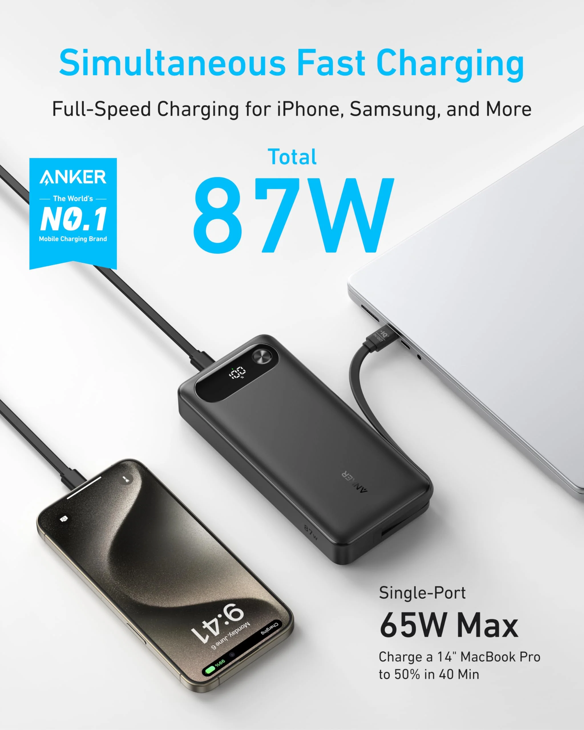 Anker Power Bank (20K, 87W, Built-In USB-C Cable) - Imagen 2