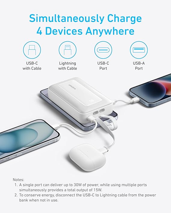 Anker Power Bank (20K,30W, Built-In USB-C+Lightning Cable) Blanco - Imagen 5