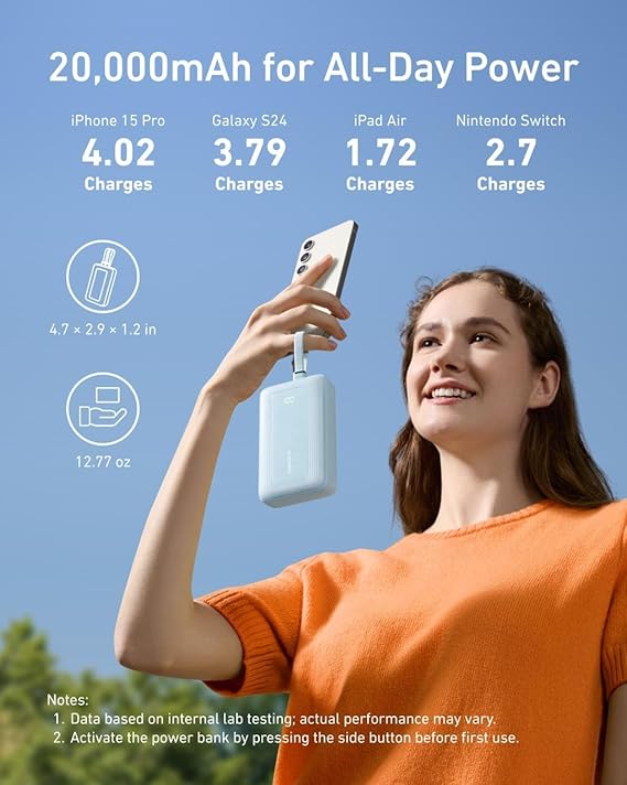 Anker Power Bank (20K,30W, Built-In USB-C+Lightning Cable) Blanco - Imagen 3