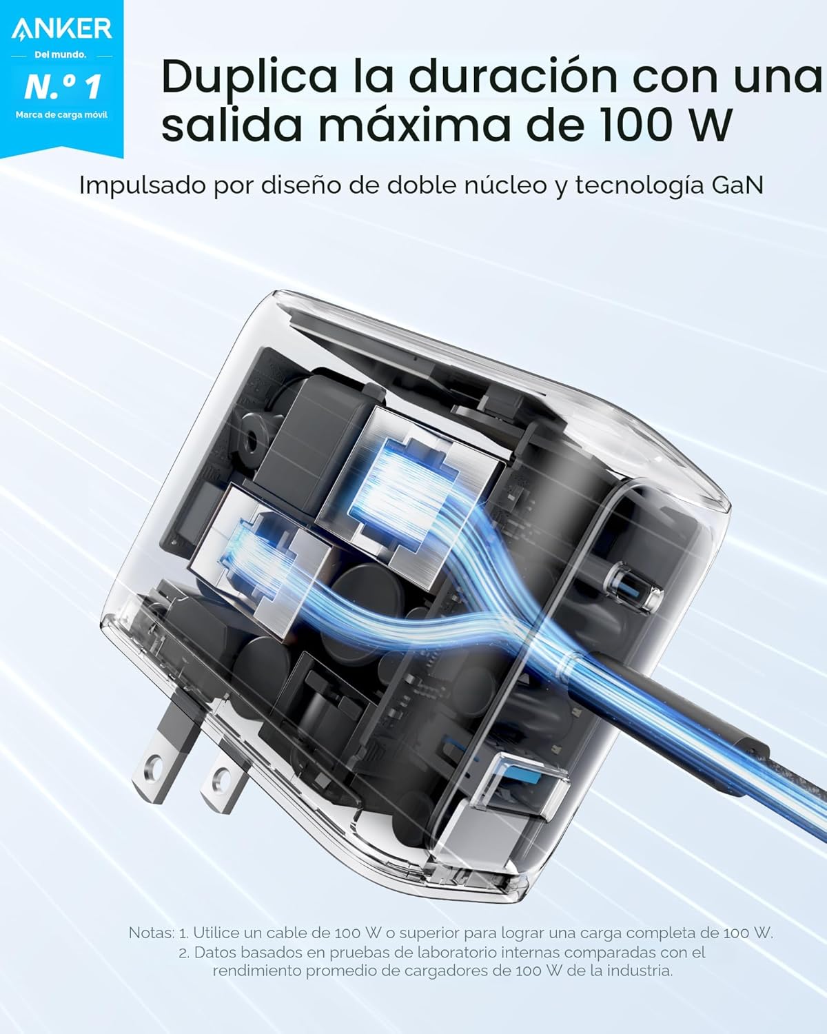 Anker Charger 100W 3 Puertos, Smart Display Gris - Imagen 2