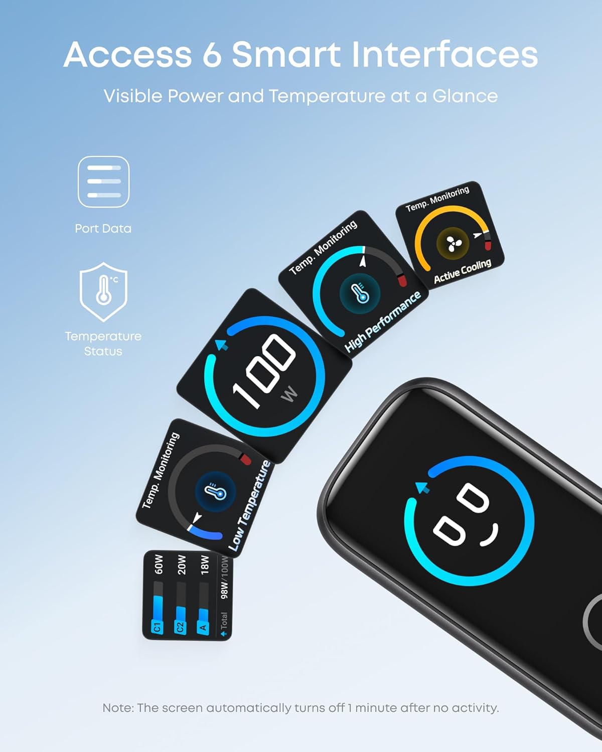 Anker Charger 100W 3 Puertos, Smart Display Gris - Imagen 3