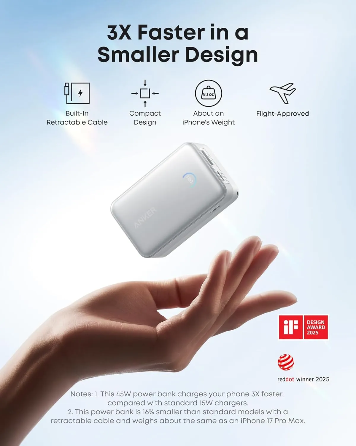 Anker Nano Power Bank (10K, 45W, Built-In Retractable USB-C Cable) Blanco - Imagen 3