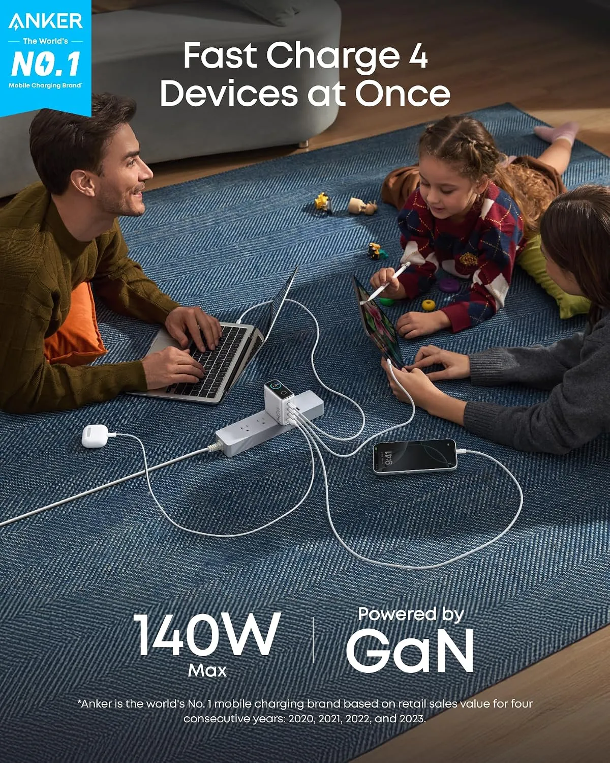 Anker Charger (140W, 4-Port, PD 3.1) with USB-C Cable Plateado - Imagen 2