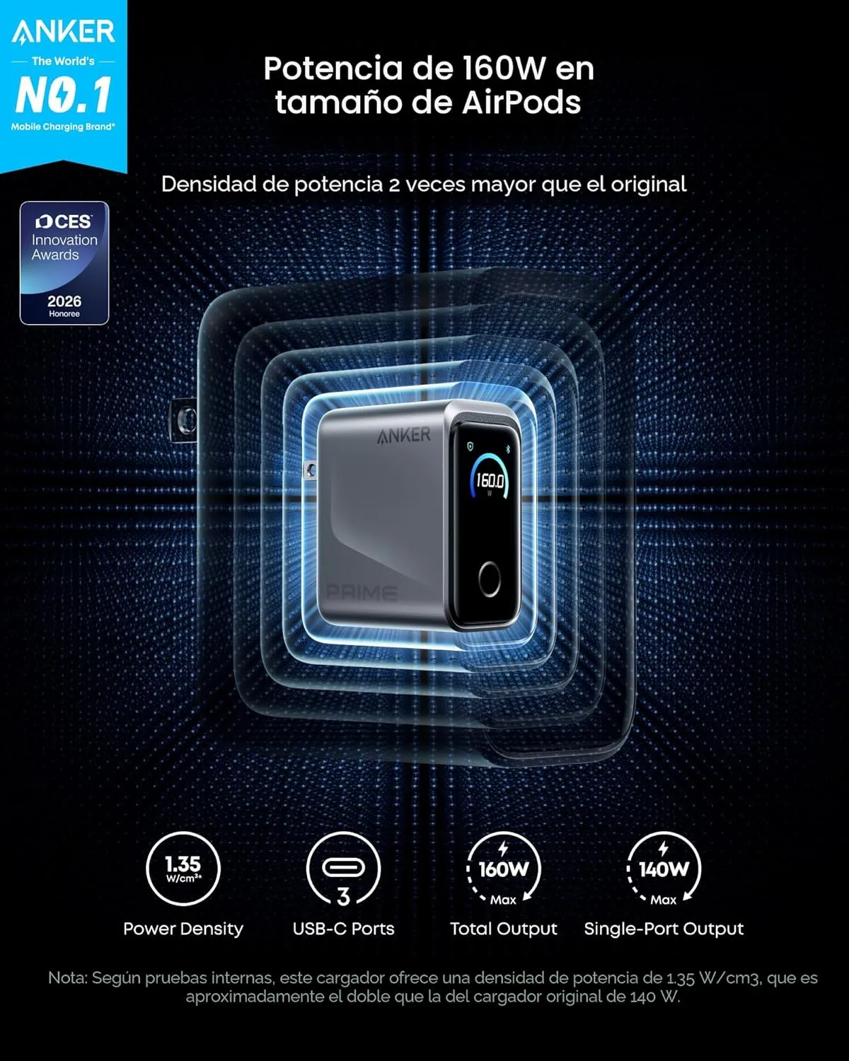 Anker Prime Charger (160W, 3 Ports, Smart Display) - Imagen 8