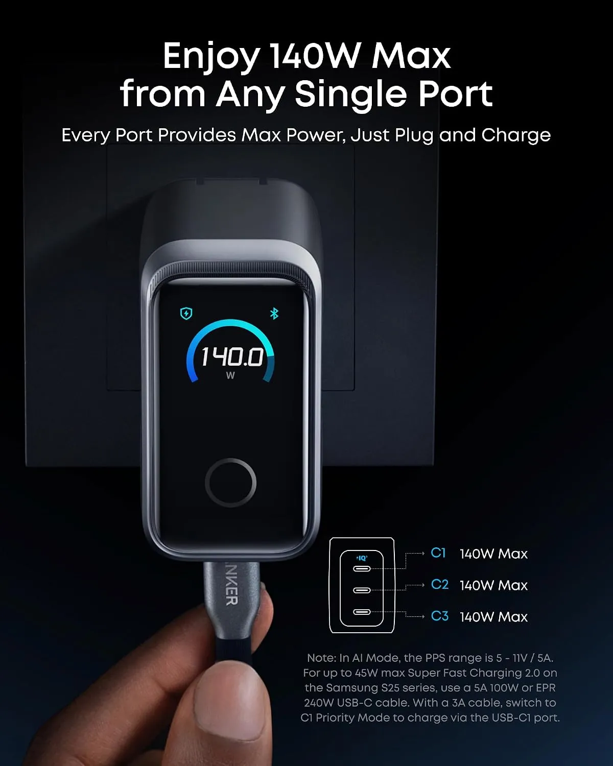 Anker Prime Charger (160W, 3 Ports, Smart Display) - Imagen 6